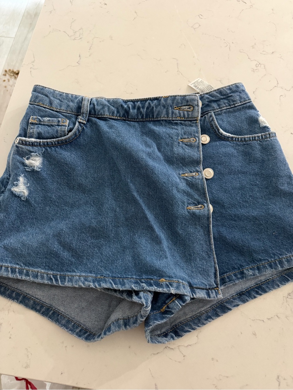 Zara High-Waist Distressed Denim Skort - Blue